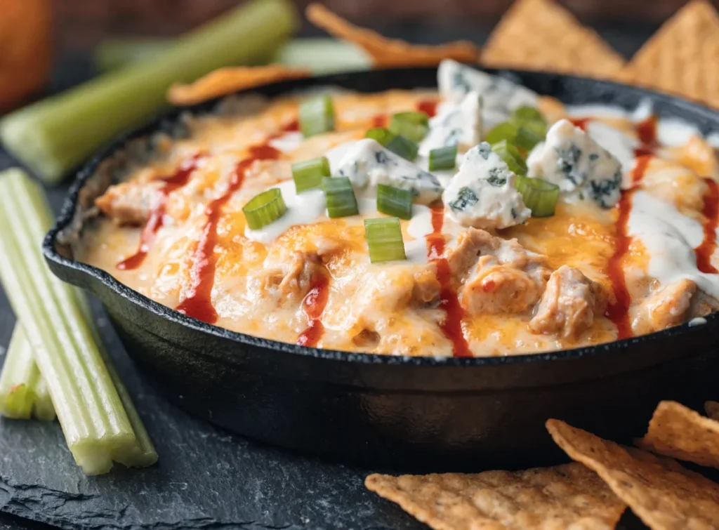 Creamy buffalo chicken dip bubbling in a cast-iron skillet with celery and chips