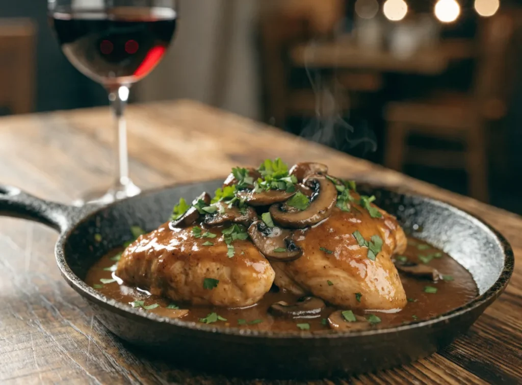 Chicken marsala with mushrooms in a glossy wine sauce in a skillet