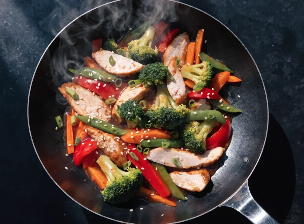 Colorful chicken stir-fry with broccoli and peppers in a wok