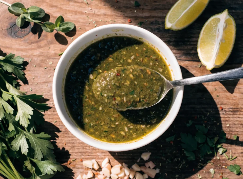 Fresh green chimichurri sauce in a white bowl with parsley and lime