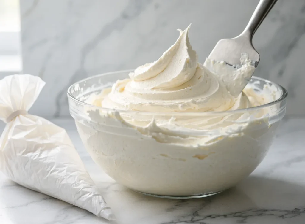 Fluffy cream cheese frosting swirled in a glass mixing bowl