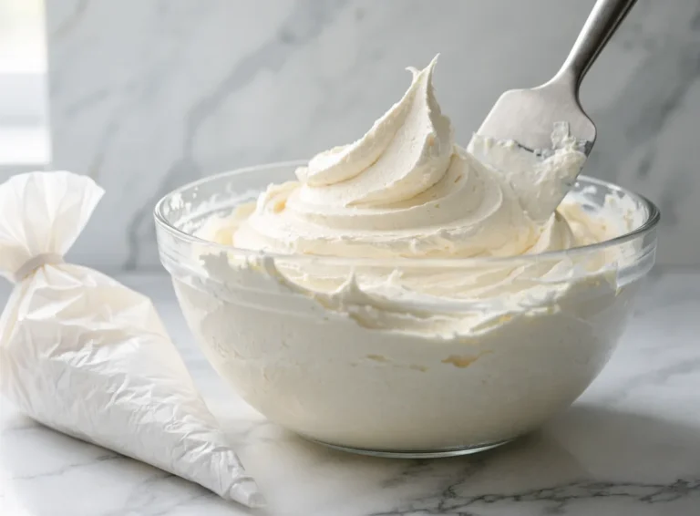 Fluffy cream cheese frosting swirled in a glass mixing bowl