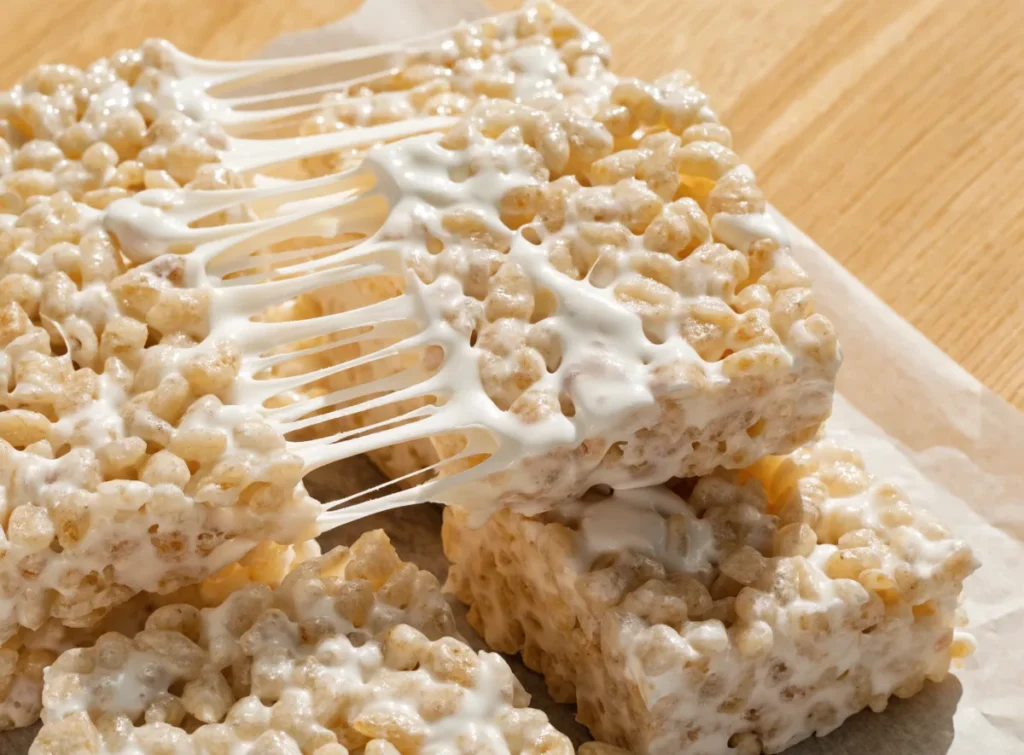 Gooey rice krispie treats cut into squares with stretchy marshmallow