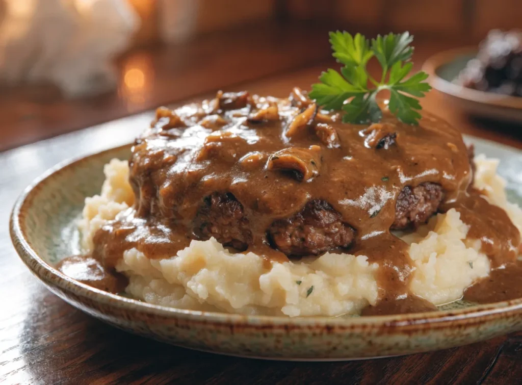Salisbury steak in mushroom gravy served over mashed potatoes