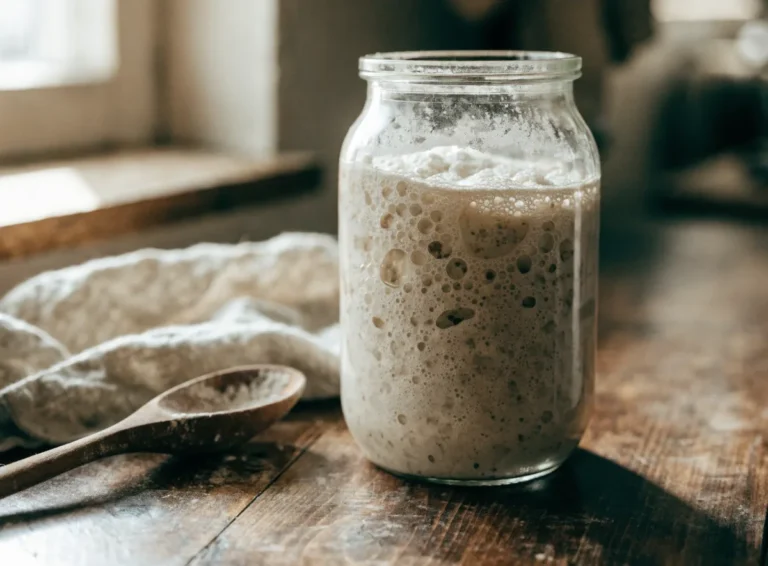 Active bubbly sourdough starter in a glass jar dusted with flour