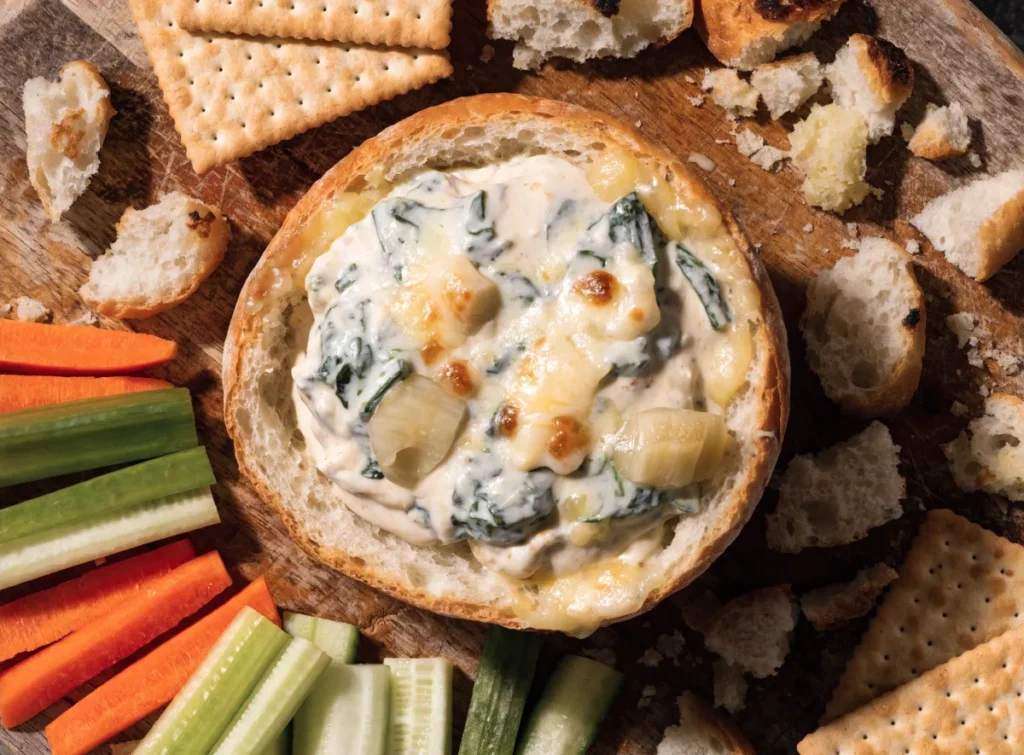 Creamy spinach dip in a bread bowl surrounded by bread and vegetables