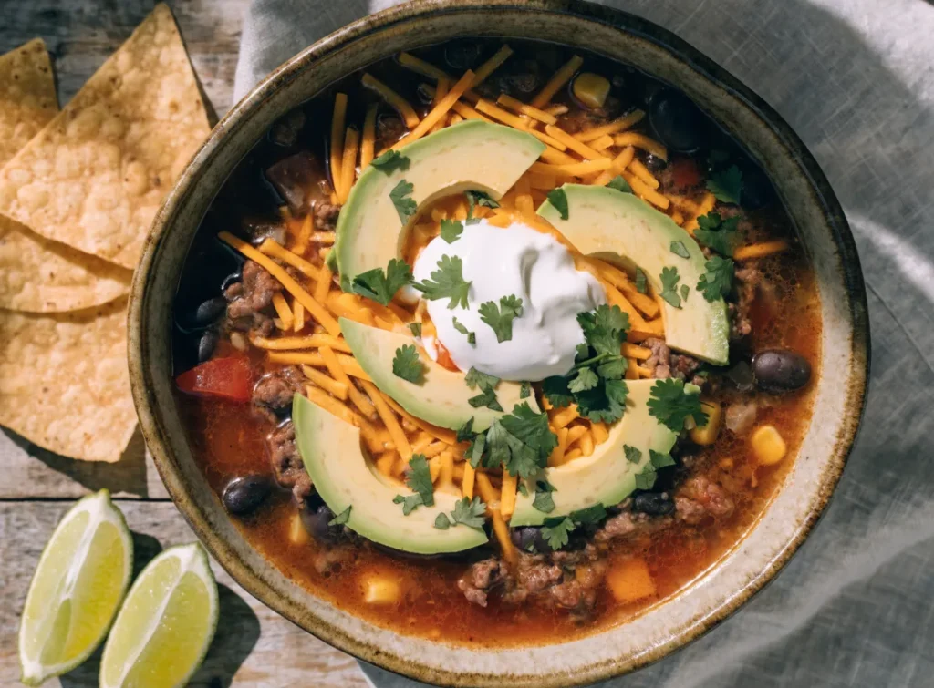 Hearty taco soup topped with cheese avocado and sour cream in a rustic bowl